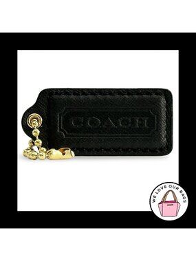 COACH HANG TAG 2.25" Black Crossgrain Leather Bag Charm Keychain Fob Brass Large